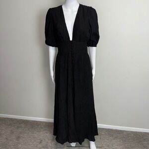 Commense Elegant Black Maxi Dress V Neck Short Sleeve Button Front Flowy Large‎